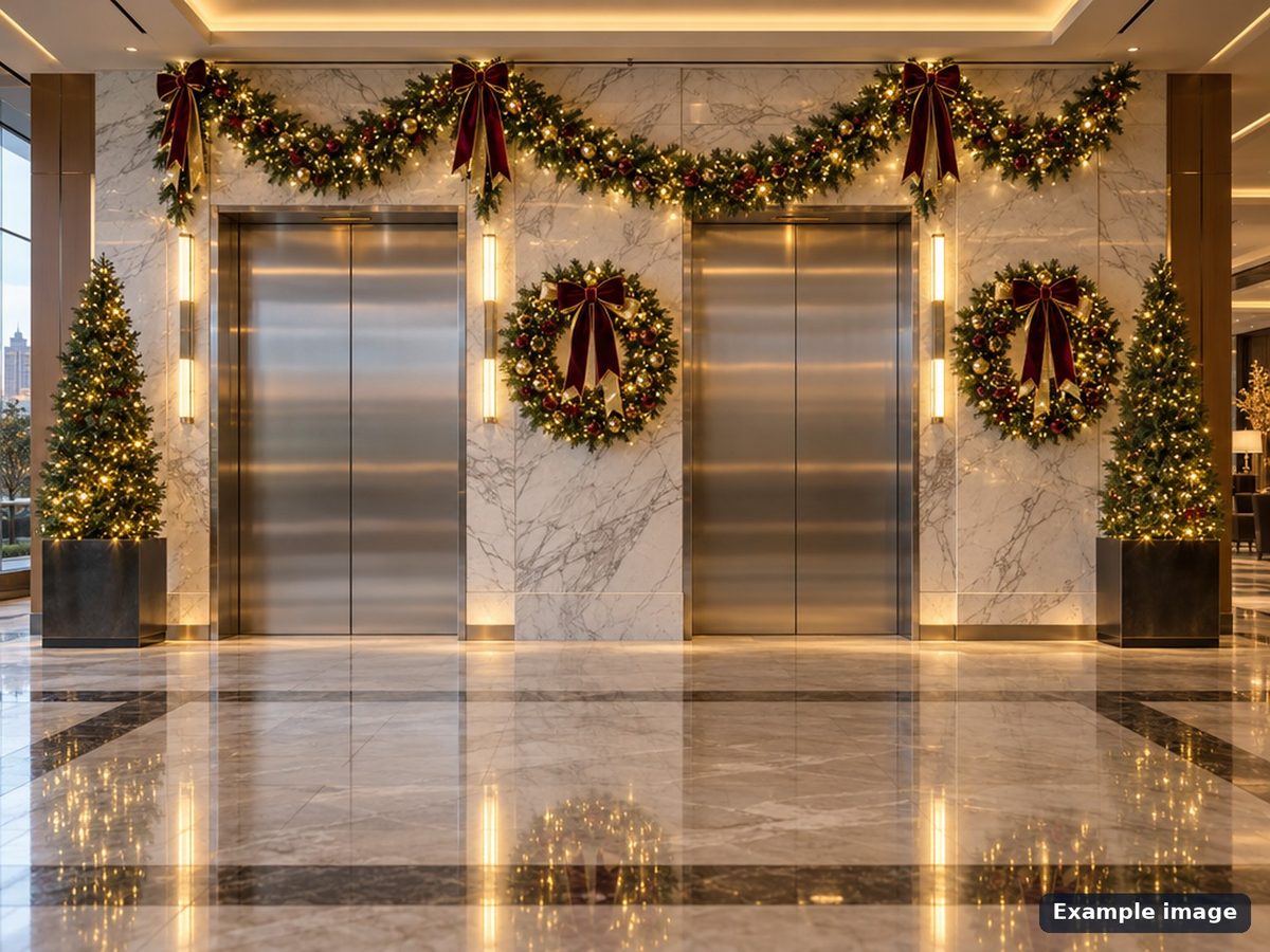 Elevator lobby with Christmas wreaths and garlands