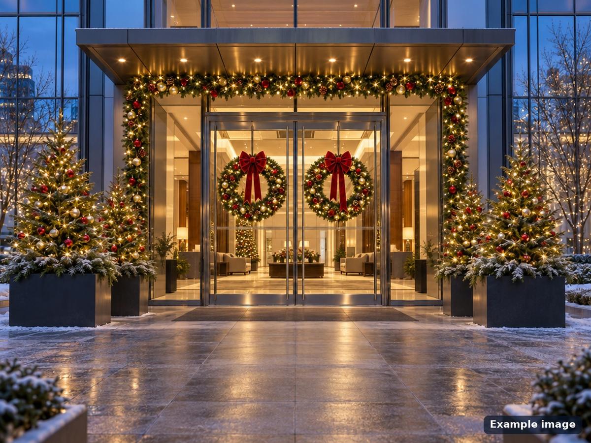 Building entrance with Christmas garlands and wreaths