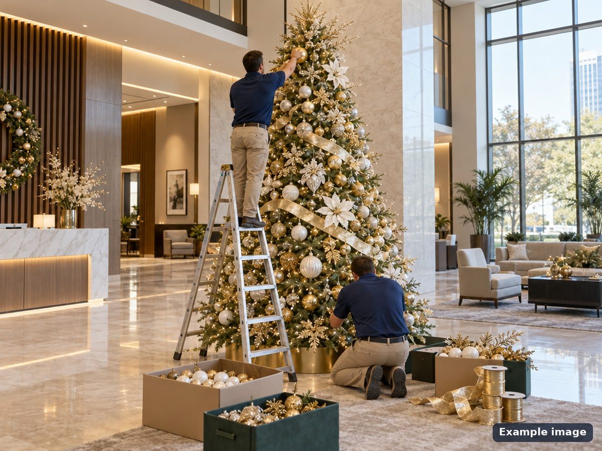 Crew installing Christmas decor in an office lobby
