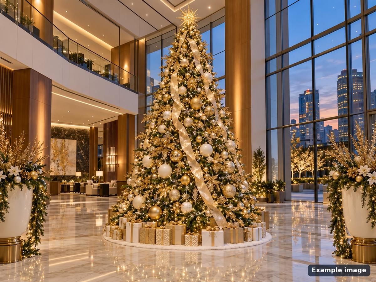 Christmas tree and garlands in an office building lobby