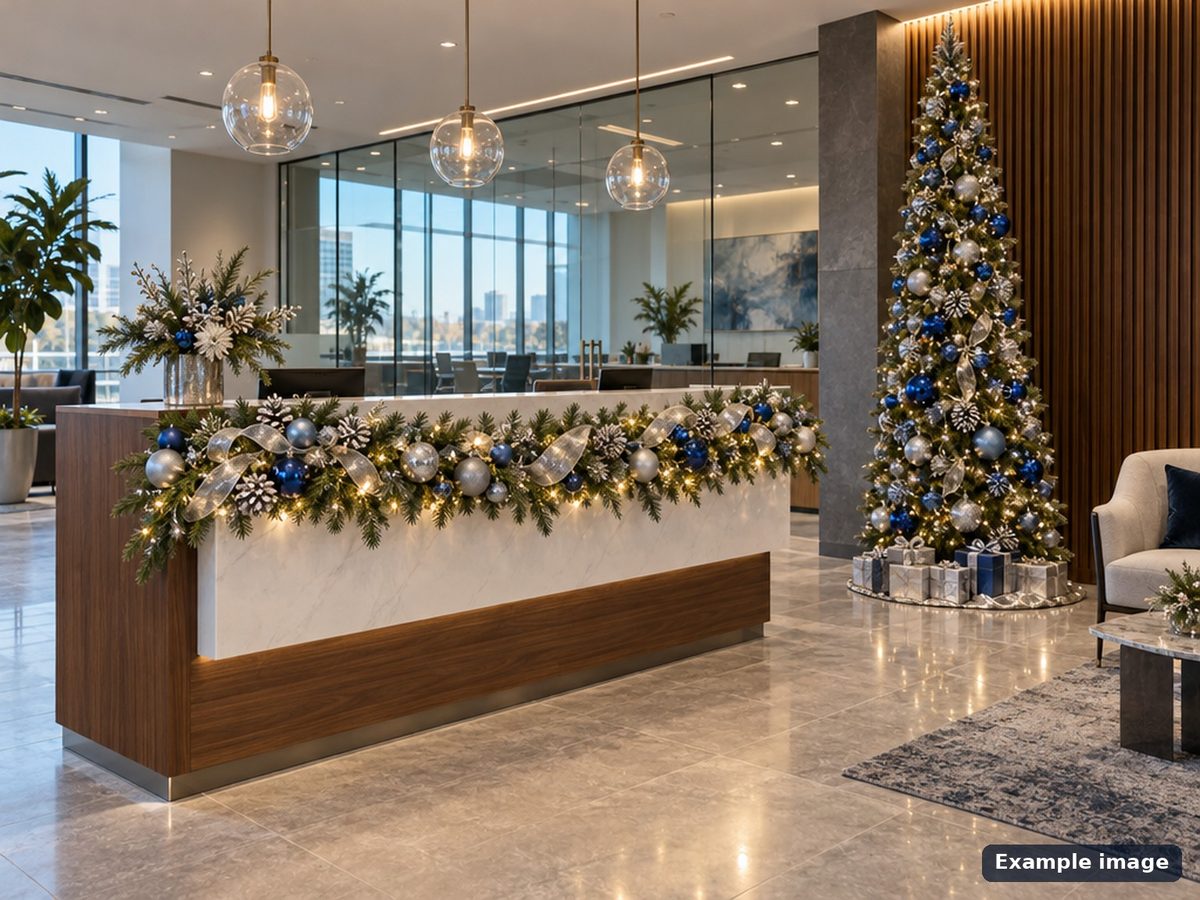 Reception desk decorated with Christmas garland
